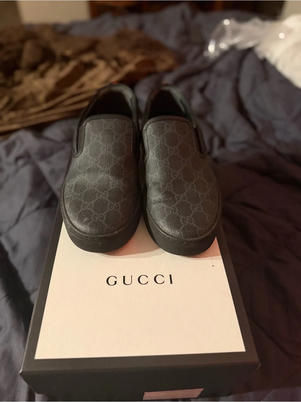 Gucci Men’s Black GG Monogram Slip-On Loafers